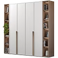 Modern Decorative Cabinet With White Doors Golden Handles Wooden Shelves Books Green Plant And Lighting