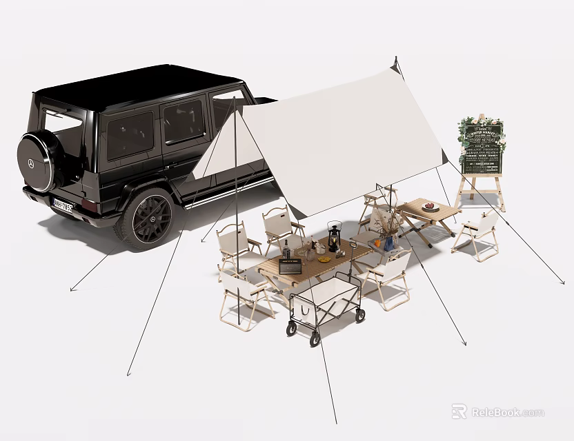 Outdoor Camping Table And Chair Set With Portable Folding Chairs And Car Tent 3d model 