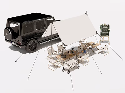 Outdoor Camping Table And Chair Set With Portable Folding Chairs And Car Tent 3d model
