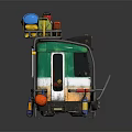 Small Green And White Vehicle With Colorful Storage Boxes On Top And Front Bumper