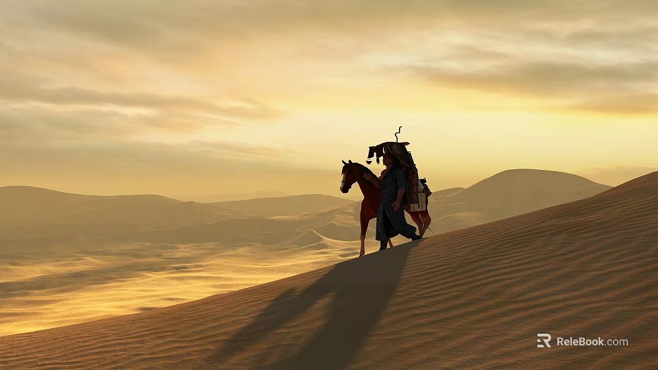 Sunset Over Rolling Desert Sand Dunes With Person Horse And Cloudy Sky 3d model 