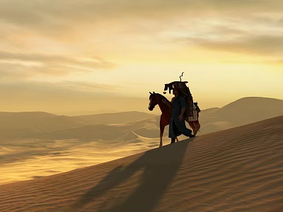 Sunset Over Rolling Desert Sand Dunes With Person Horse And Cloudy Sky 3d model