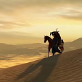 Sunset Over Rolling Desert Sand Dunes With Person Horse And Cloudy Sky