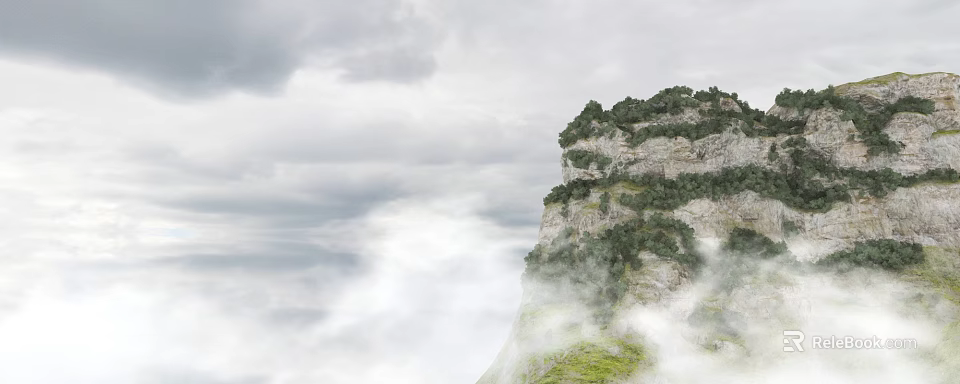 Natural Garden Landscape Featuring Cliff Surrounded By Clouds Mist And Lush Green Vegetation 3d model 
