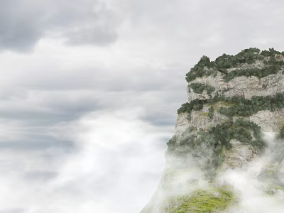 Natural Garden Landscape Featuring Cliff Surrounded By Clouds Mist And Lush Green Vegetation 3d model