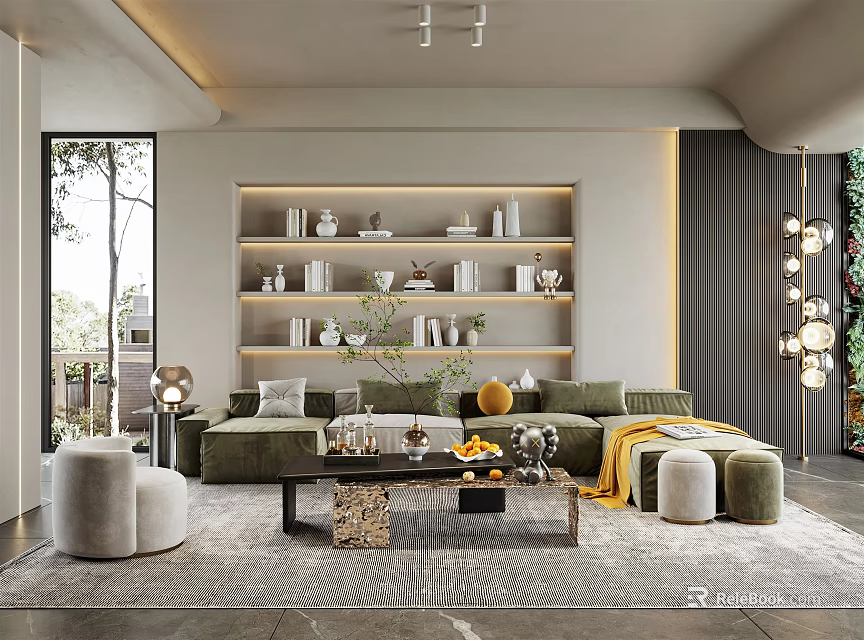 Modern Living Room Interior Design With Green Sofa Coffee Table And Decorative Shelves 3d model 