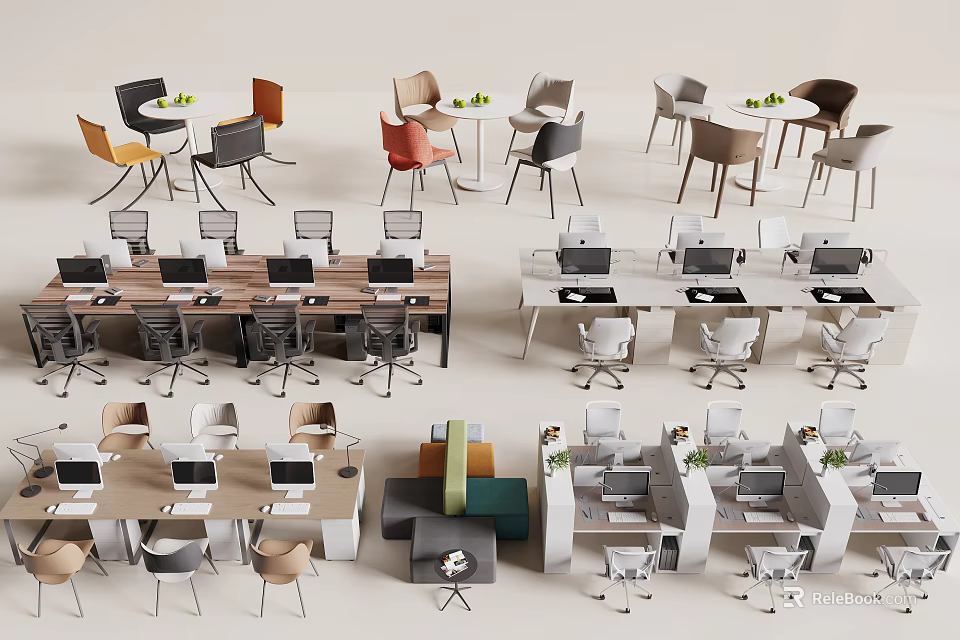 Contemporary Office Desks With Ergonomic Chairs And Computer Monitors In Modern Workspace 3d model 