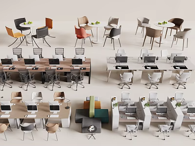 Contemporary Office Desks With Ergonomic Chairs And Computer Monitors In Modern Workspace 3d model