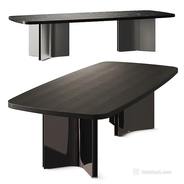 Modern Dark Wooden Dining Table With Sleek Oval Top And Black Metal Legs 3d model 