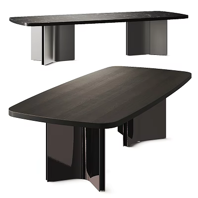 Modern Dark Wooden Dining Table With Sleek Oval Top And Black Metal Legs 3d model