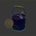 Blue Watering Can With Wooden Handle And Decorative Lid For Household Use