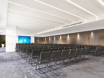 Spacious Conference Room Interior With Black Folding Chairs Large Screen And Wooden Walls 3d model