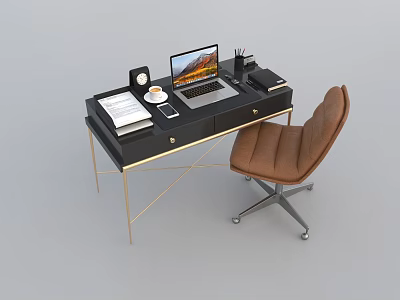 Modern Black Desk With Gold Legs Laptop Coffee Cup And Brown Chair 3d model
