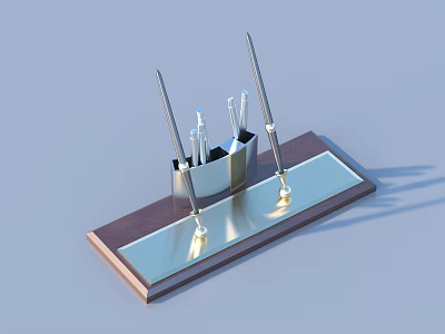 Desk Stationery Holder With Wooden Base And Metal Container For Pens And Tools 3d model