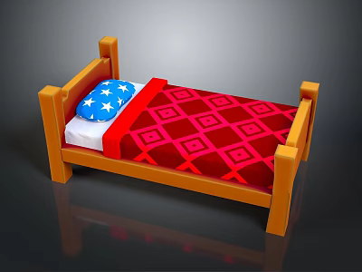 Wooden Bed Frame With Red Geometric Pattern Quilt And Blue Star Pillow 3d model