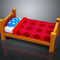 Wooden Bed Frame With Red Geometric Pattern Quilt And Blue Star Pillow