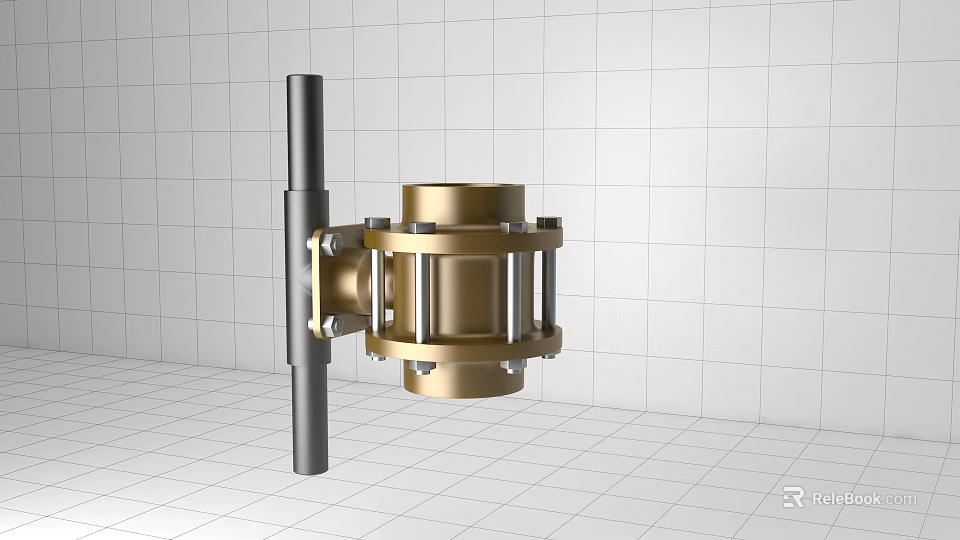 Brass Piping Connector With Metal Bracket On White Tile Background Industrial Design 3d model 