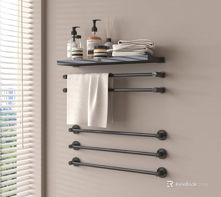 Sleek Modern Bathroom Accessories With Wall Mounted Shelf Towels And Towel Bars 3d model 