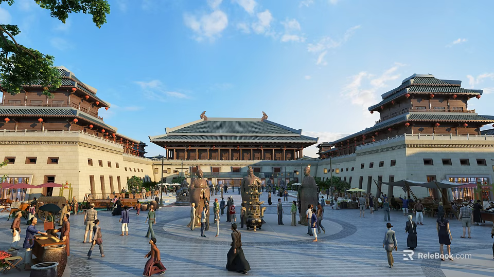 Traditional Chinese Ancient Style Commercial Street With Plaza Crowded People Statues And Blue Sky 3d model 