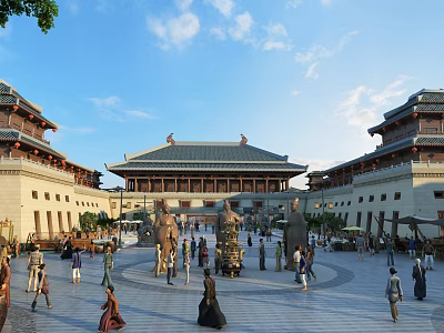 Traditional Chinese Ancient Style Commercial Street With Plaza Crowded People Statues And Blue Sky 3d model
