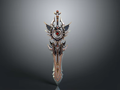 Ornate Fantasy Sword With Winged Elements Central Gemstone And Metallic Finish 3d model