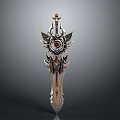 Ornate Fantasy Sword With Winged Elements Central Gemstone And Metallic Finish