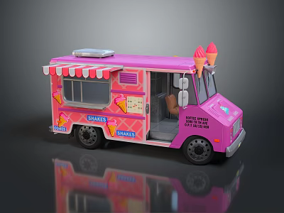 Pink Ice Cream Truck with Awning Sweet Treats Text and Ice Cream Cone Roof Decorations 3d model