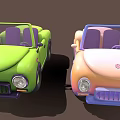 Cartoon Style Convertible Cars With Green And Pink Orange Gradient Bodies And Purple Seats