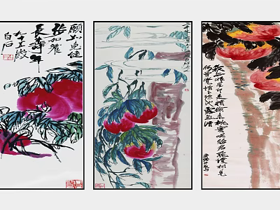 Traditional Chinese Plant Paintings With Red Blooms Green Leaves And Calligraphy 3d model