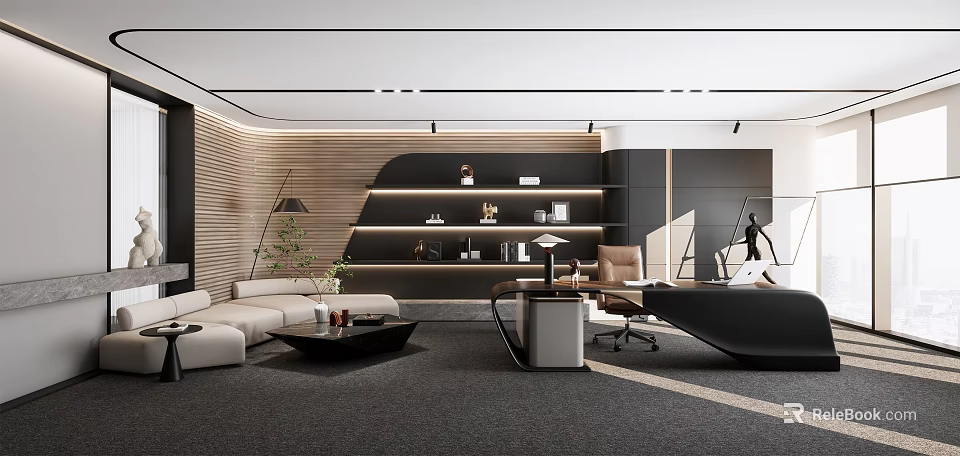 Elegant Modern Office Interior With Stylish Sofa Executive Desk And Green Plants 3d model 