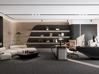 Elegant Modern Office Interior With Stylish Sofa Executive Desk And Green Plants 3d model
