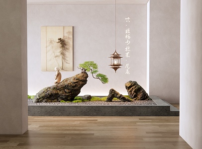 New Chinese Zen Landscape Stone Pine Tree Stone Landscape Landscaping Decorative Painting Chandelier Moss Landscape Stone 3d model