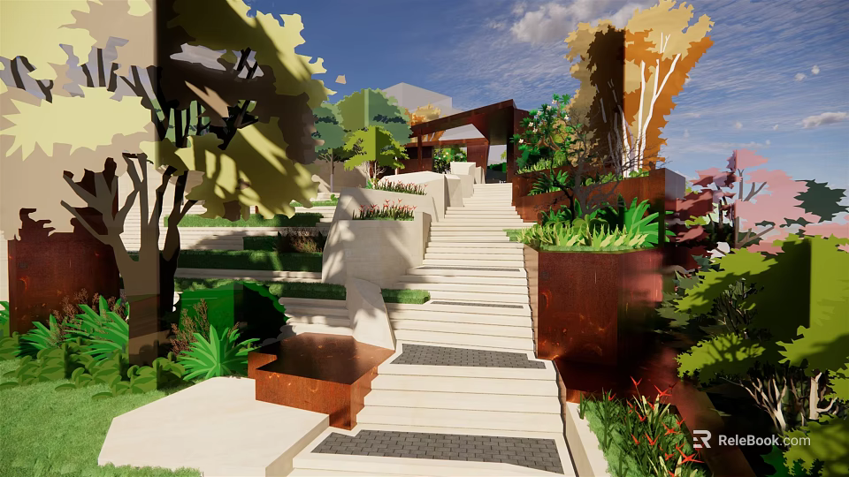 Lush Layered Park Landscape With Stone Steps Green Plants Trees And Water Feature 3d model 