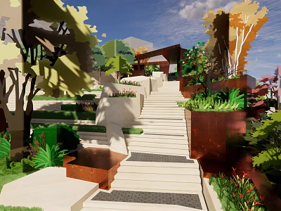 Lush Layered Park Landscape With Stone Steps Green Plants Trees And Water Feature 3d model