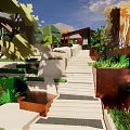 Lush Layered Park Landscape With Stone Steps Green Plants Trees And Water Feature