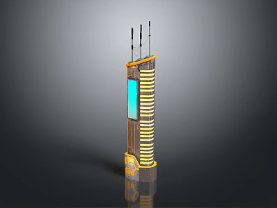 Cartoon Scene with Colorful Tower Yellow Brown Stripes Antennas Top Blue Rectangular Middle Circular Bottom 3d model