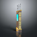 Cartoon Scene with Colorful Tower Yellow Brown Stripes Antennas Top Blue Rectangular Middle Circular Bottom