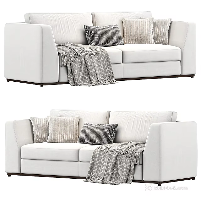 Modern White Two Seater Fabric Sofa With Decorative Pillows And Throw Blanket 3d model