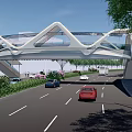 Modern Illuminated Bridge Night Scene With Vehicles Pedestrians Green Plants And Aurora