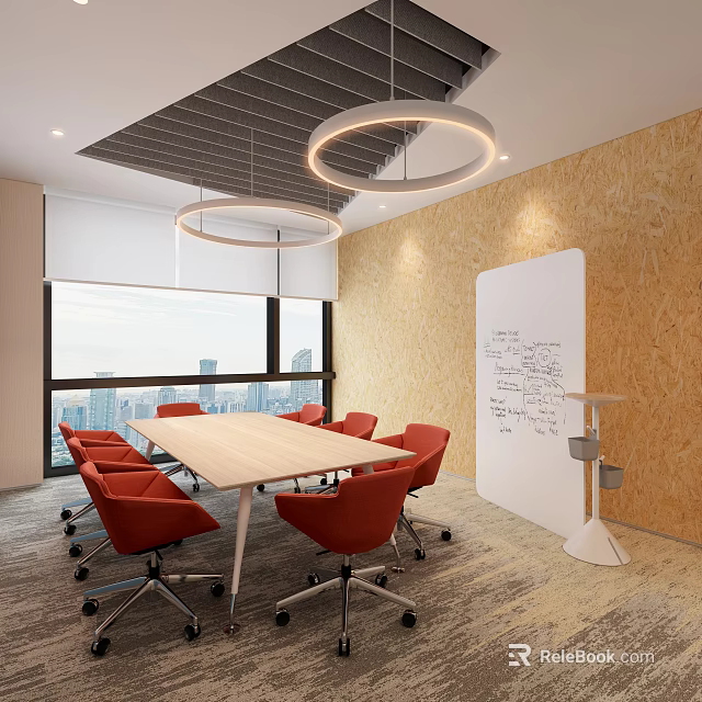 Modern Conference Room With Long Table Red Chairs Large Windows City View And Whiteboard 3d model 