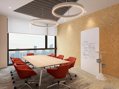 Modern Conference Room With Long Table Red Chairs Large Windows City View And Whiteboard 3d model