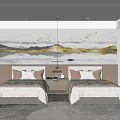 Modern Hotel Room Interior With Twin Beds And Elegant Landscape Mural Decor