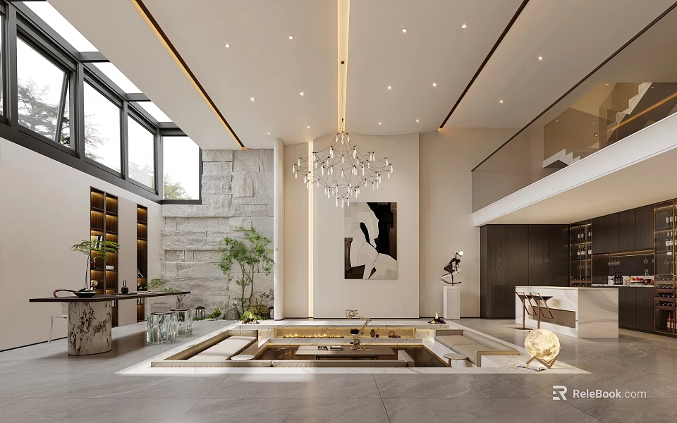 Modern Open Concept Living Room Interior With Large Windows Stone Wall Crystal Chandelier And Artwork 3d model 