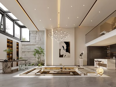 Modern Open Concept Living Room Interior With Large Windows Stone Wall Crystal Chandelier And Artwork 3d model