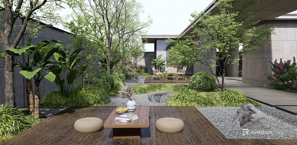 Serene Courtyard Garden With Wooden Deck Coffee Table Floor Cushions And Lush Green Plants 3d model 