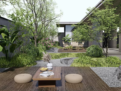 Serene Courtyard Garden With Wooden Deck Coffee Table Floor Cushions And Lush Green Plants 3d model