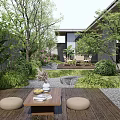 Serene Courtyard Garden With Wooden Deck Coffee Table Floor Cushions And Lush Green Plants