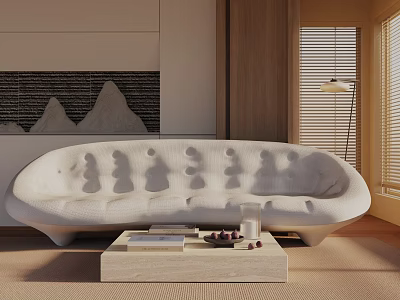 Curved White Three Seater Sofa In Modern Living Room With Wooden Coffee Table And Books 3d model