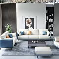Modern White Blue Sofa Coffee Table Set With Ottoman Pillows Green Plants And Window View