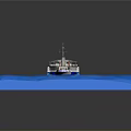 Scale Model Wooden Boat With White Hull Brown Deck On Blue Water Surface